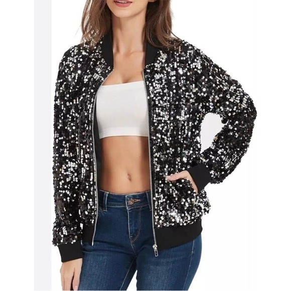 New Anna-Kaci California Size Large black/silver sequined bomber zip jacket - Picture 1 of 8